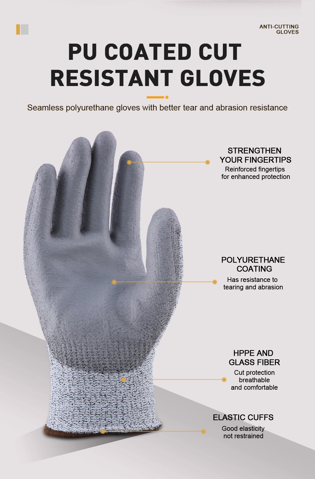 Hppe Anti-Cut Level 5 Protection Safety Work with PU Coated on Palm Working Industrial Cut Resistant Safety Mechanical Work Gloves