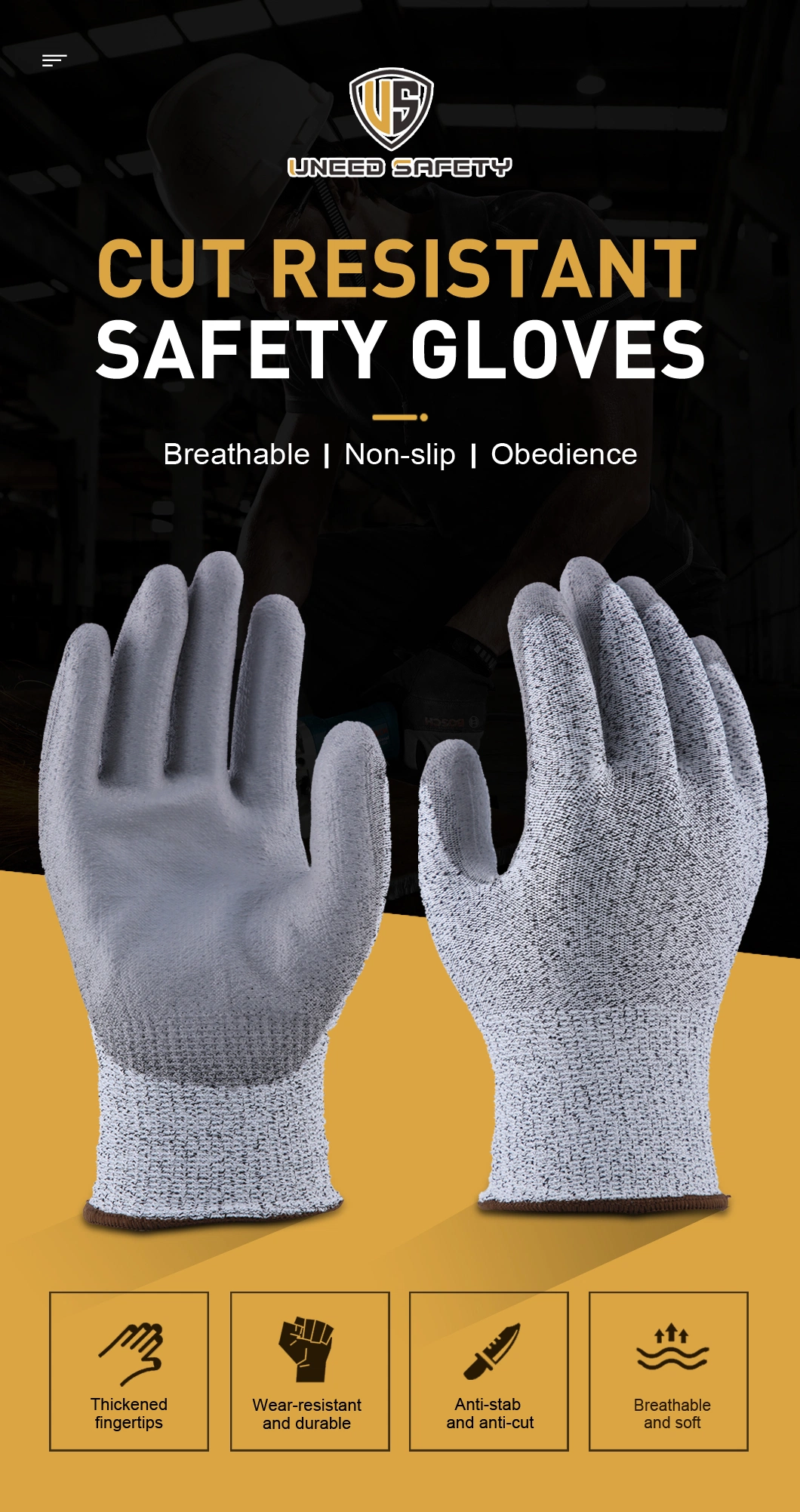 Hppe Anti-Cut Level 5 Protection Safety Work with PU Coated on Palm Working Industrial Cut Resistant Safety Mechanical Work Gloves
